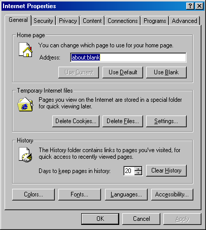 [Internet Explorer Properties' General Tab]